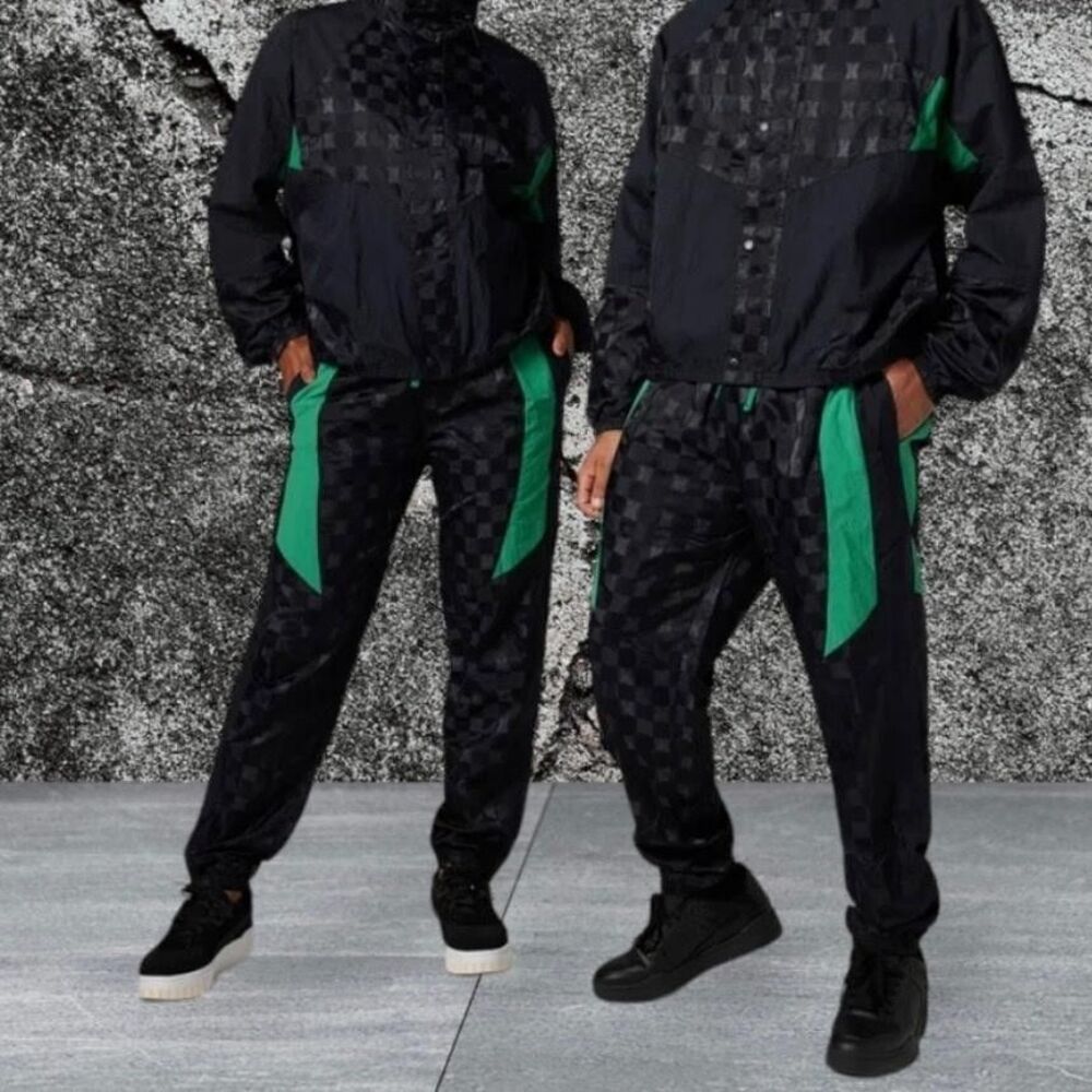 Savage X Fenty Sport Track Pants Joggers L Black Green Checkered Nylon Zip NWT